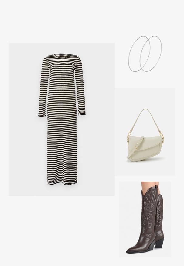 Gina Tricot POINTELLE DRESS - Stickad klänning - black/white; Bruna lädercowboystövlar med spetsig tå och klossklack, med detaljerad sömnad och upphöjda accenter på skaftet.; Liten gräddfärgad handväska med en strukturerad finish, en lång justerbar rem, en kedjedetalj och en klaffstängning. Guldfärgad hårdvara.; Silverfärgade hoopörhängen med en minimalistisk design. Cirkulär form, slät yta och tunn profil. Lätta med en polerad finish.