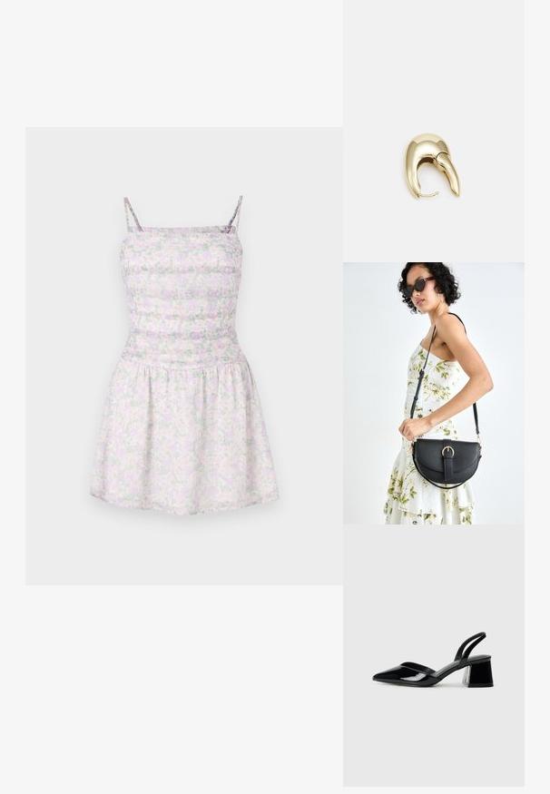 Rochie cu imprimeu floral, cu bretele subțiri, într-o nuanță de mov deschis și verde. Culoarea ajustată cu textură plisată, fustă fluidă, material ușor.; Pantofi cu toc slingback din piele lacuită neagră, cu vârf ascuțit și toc geometric. Prezintă un design elegant, minimalist și o textură netedă.; Geantă din piele neagră, cu o formă curbată, curea detașabilă și accesorii aurii. Geanta are un capac cu un detaliu tip cataramă.; Cercei din metal de culoare aurie cu un design elegant și curbat. Prezintă o formă distinctivă, ascuțită, o suprafață lustruită și un sistem de închidere cu balama.