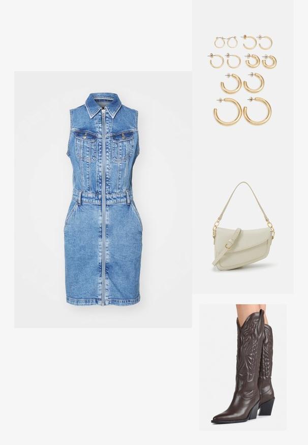 Lee UNIONAL DRESS - Obleka iz džinsa - core memory; Rjave usnjene kavbojske čevlje z ostrim nosom in blok peto, ki vsebujejo podrobno šivanje in dvignjene dodatke na zgornjem delu.; Mala kremna torbica z teksturiranim zaključkom, dolgim nastavljivim trakom, verižnim poudarkom in zapiranjem na poklop. Detajli iz zlatega kovinskega materiala.; Set zlato obročastih ušesnih uhani, ki vključujejo različne velikosti in oblike, vključno z majhnimi, srednjimi in velikimi slogi, z gladkimi kovinskimi površinami.