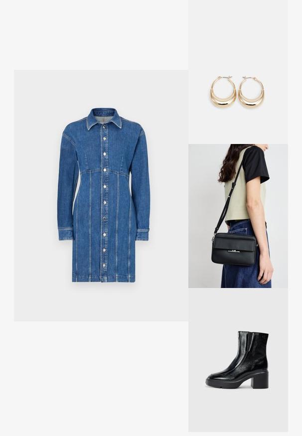 Középkék farmering ruha, gombos elülső résszel, hosszú ujjú, galléros nyakkal és függőleges varrással.; Fekete lakkbőr bokacsizma ívelt orral, elasztikus oldalpanelek és vastag blokk sarkal. A hátsó részen dombornyomott logó található.; Calvin Klein LINEAR CAMERA BAG - Keresztpántos táska - black; Aranyszínű, félhold alakú fülbevalók, polírozott felülettel és zsanéros záródással. A sima textúra és a fényes felület fokozza a láthatóságot.