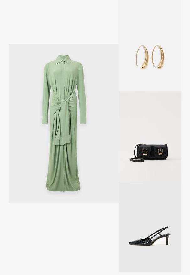 Gara, apkakles kleita gaiši zaļā audumā. Ar mezgla detaļu jostas vietā un pilna garuma piedurknēm. Gluda tekstūra, elegants dizains.; Melna patent āda ar slīdošo papēdi un smailo purngalu, ar teksturētu čūsku drukājumu, regulējamu siksniņu un īsu teksturētu blokpapēdi.; Melnas ādas crossbody soma ar divām priekšējām kabatām, zelta sprādzēm, ar rāvējslēdzēju aizdari un šauru siksnu. Strukturēta virsma un kompakta taisnstūra forma.; Zelta toņu metāla gredzena auskari ar izliektu, pagarinātu formu. Ar gludu, spīdīgu virsma un noapaļotu galu papildu detaļām.