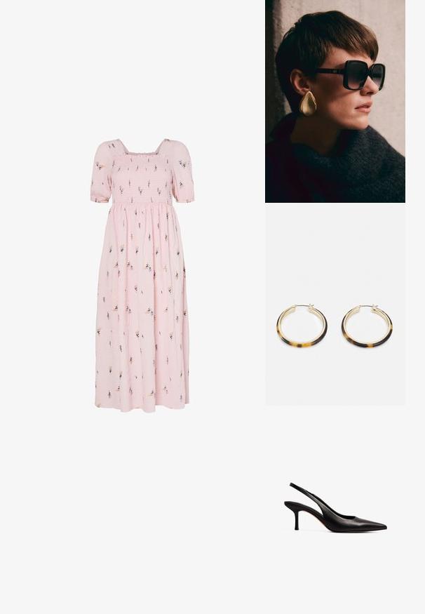 Rozā kokvilnas maxi kleita ar īsām pūkām, smockotu krūšu daļu, ziedu izšuvumu un plūstošu svārku.; NA-KD Klasiski papēži - black; Lielas melnas saulesbrilles ar tumšiem stikliem un zelta detaļām, kombinētas ar lielu, spīdīgu zelta asaras formas auskaru. Tumša teksturēta šalle.; Zelta toņa riņķveida auskari ar bruņurupuču raksta sveķu ārējo malu, ar gludu apdari un elegantu, apaļu formu.