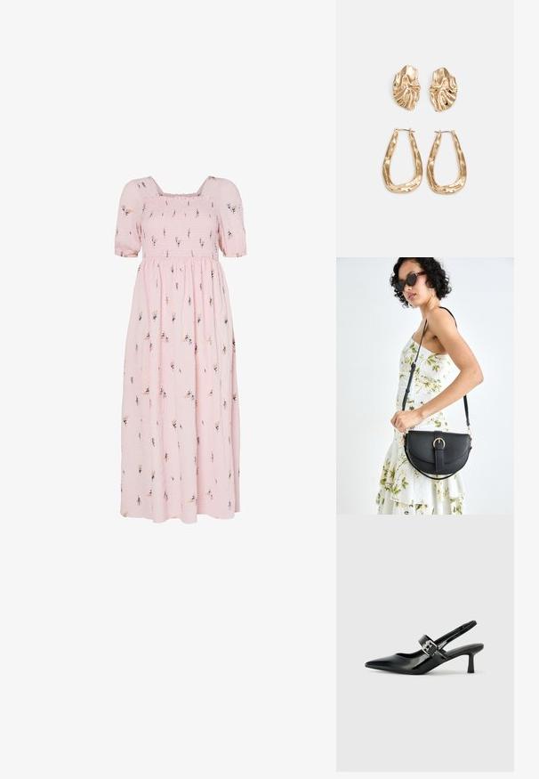 Rožinė medvilninė maksi suknelė su trumpomis pūstomis rankovėmis, surinktu liemeniu, gėlių siuvinėjimo raštu ir plazdančia sijonu.; Juodai lakuoti slingback aukštakulniai su smailiu kojų pirštu ir mažais blokiniais kulniukais, su sidabro sagtimi ant dirželio.; Juodas odinis krepšys su išlenkta forma, nuimamu dirželiu ir auksiniais detalėmis. Krepšys turi kilpą su sagtimi.; Auksinės auskarai, turintys tekstūruotus, bangų formos elementus. Įeina skulptūriniai segami auskarai ir atviri lankai su išmuštu paviršiumi.
