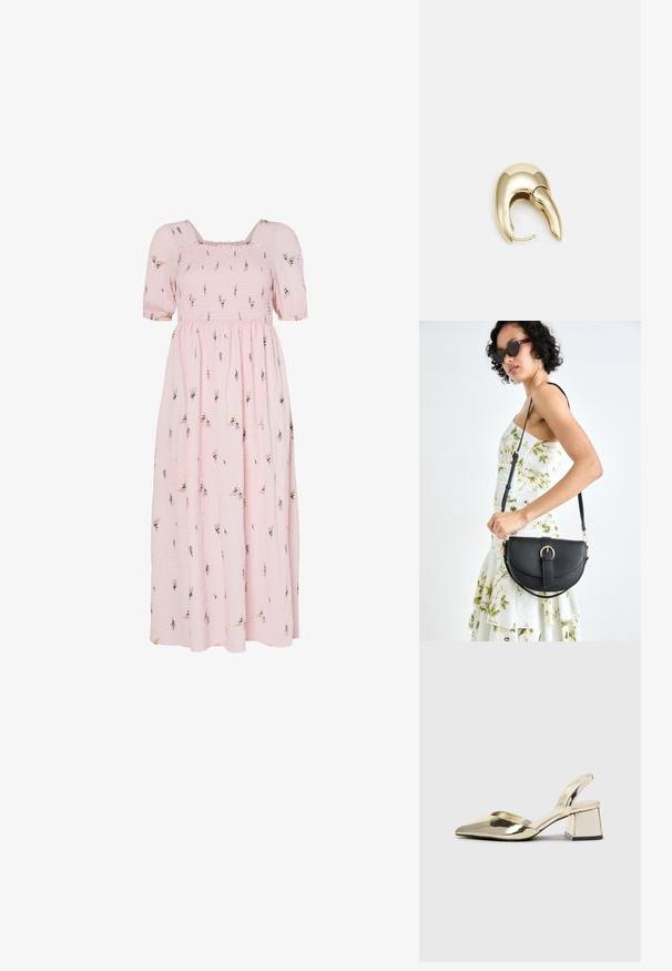 Rosa bomullsmaxikjole med korte puffermer, smocket midje, blomsterbroderimønster og en flytende skjørt.; Gull, metallisk slingback-hæler med spiss tå og chunky hæl. Glatt tekstur, minimalistisk design og en smal stropp.; Svart lærveske med en buet form, avtagbar stropp og gullbeslag. Vesken har et klaff med spenne-detall.; Gullfarget metalløredobber med et elegant, buet design. Har en karakteristisk spiss form, polert overflate og hengsel-lukking.