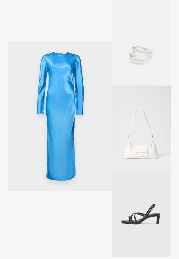 Długa sukienka z długim rękawem w błyszczącym niebieskim satynie. Posiada okrągły dekolt oraz gładki, dopasowany krój z minimalną liczbą szwów.; Czarne sandały na obcasie z prostokątnym noskiem i niskim słupkowym obcasem. Posiadają wiele cienkich pasków i regulowany pasek na kostkę. Wykonane z gładkiej skóry.; Biała syntetyczna torba o trójkątnym kształcie, płaskim przednim klapce i detalach w postaci kokardy, regulowanym pasku, gładkiej fakturze oraz minimalistycznym designie.; Srebrna obrączka podwójna z gładką, polerowaną powierzchnią. Posiada płynny, zakrzywiony kształt z nakładającymi się sekcjami, co nadaje nowoczesny wygląd.