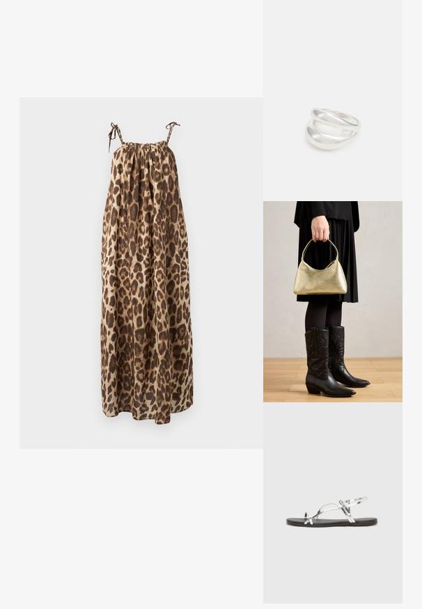Maxi sukienka w panterkę w jasnym beżu i brązie, z regulowanymi sznurkami na ramionach i marszczonym dekoltem. Wykonana z miękkiego, zwiewnego materiału.; Srebrne metaliczne sandały o minimalistycznym designie, z cienkimi paskami i czarną płaską podeszwą. Cechą wyróżniającą są akcenty w postaci krzyżujących się pasków.; Złota torebka o teksturowanej powierzchni, o zaokrąglonym kształcie i krótkim uchwycie, trzymana przez osobę ubraną w czarną plisowaną spódnicę i czarne skórzane kowbojki.; Srebrna obrączka podwójna z gładką, polerowaną powierzchnią. Posiada płynny, zakrzywiony kształt z nakładającymi się sekcjami, co nadaje nowoczesny wygląd.