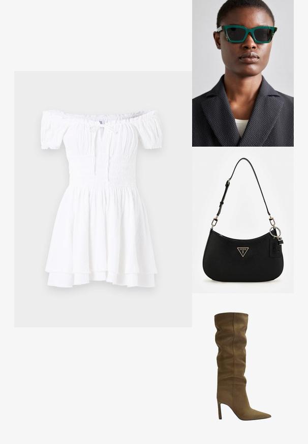 Witte off-the-shoulder jurk met gerimpeld lijfje, korte pofmouwen en gelaagde ruches aan de zoom. Gemaakt van lichtgewicht, gestructureerde stof.; Olijfgroene suède kniehoog laars met een puntige neus, een slouchy bovenkant ontwerp en een stiletto hak, met zichtbare stikdetails.; Groene en gemarmerde zonnebril met een geometrisch montuur; donkere glazen; model draagt een gestructureerde zwarte blazer over een lichte blouse.; Zwarte synthetische schoudertas met een gebogen silhouet, textuurafwerking, gouden driehoeklogo en afneembare hardwareaccenten.