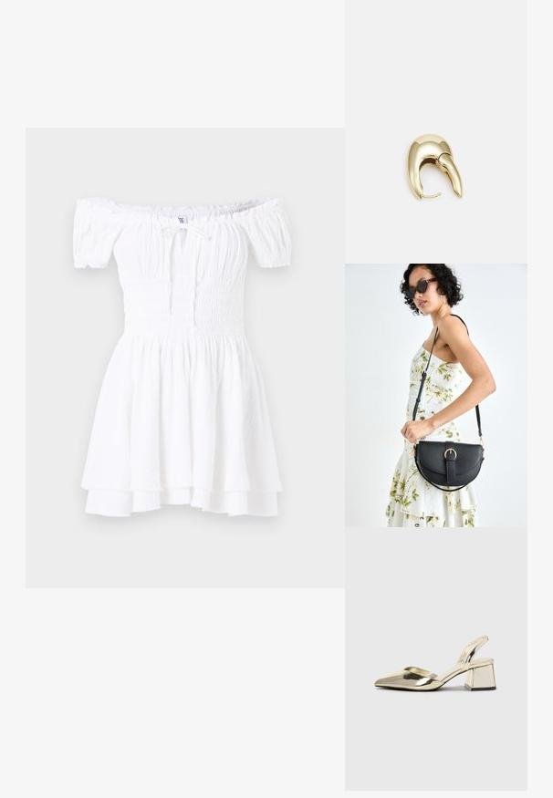 Valge õlgadelt avatud kleit, millel on smockimisega bodice, lühikesed puffvarrukad ja korratud rippuv ääreosa. Valmistatud kergest, tekstuuriga kangast.; Kuldne, metallilised slingback-kudumid terava varba ja paksu kontsaga. Sile tekstuur, minimalistlik disain ja kitsas rihm.; Mustmust mustraha kõverate joontega, eemaldatava rihmaga ja kuldsete detailidega. Kotil on klapp, millel on pandladetail.; Kuldtooni metallist kõrvarõngas, millel on elegantne ja kaarjas disain. Omab silmapaistvat teravat kuju, poleeritud pinda ja hingesulgemist.