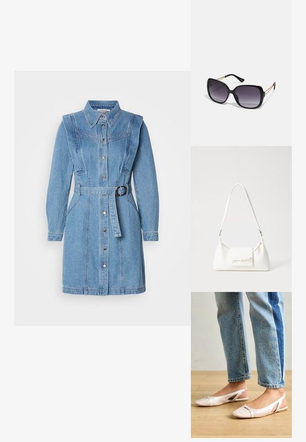 Világoskék farmering ruha, hosszú ujjal, gombos záródással, övvel a deréknál, részletes vállvarrással.; Világos rózsaszín slingback laposlábú cipők, hegyes orral, sima bőrhatású anyagból készült. Oldalt kivágott részletek találhatók rajta, valamint lapos sarkú.; Fekete, oversize napszemüveg fokozatos árnyalatú lencsékkel, vastag kerettel és arany színű lánc díszítéssel a szárakon.; Fehér szintetikus kézitáska, háromszög alakú, lapos előlap, masni részlettel, állítható pánttal, sima textúrával és minimalista dizájnnal.
