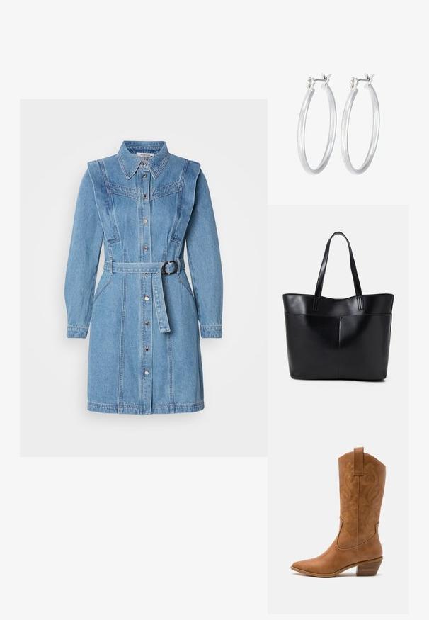 Denim srajčna obleka v svetlo modri barvi, z dolgimi rokavi, gumbom za zapiranje, pasom in podrobnimi ramenskimi šivi.; Rjavi usnjeni kauboj čevlji s koničastim nosom, vezenimi vijugastimi vzorci na zgornjem delu in zloženim kvadratnim peto. Imajo zanko za enostavno obuvanje.; Črna usnjena torba z dvema dolgima ročajema, gladko teksturo in strukturirano obliko. Ima sprednji žep za dodatno shranjevanje.; Srebrni obroči za ušesa z gladko, polirano površino. Okrogla oblika in varna zaponka s klikom. Lahka zasnova, primerna za vsakodnevno nošenje.