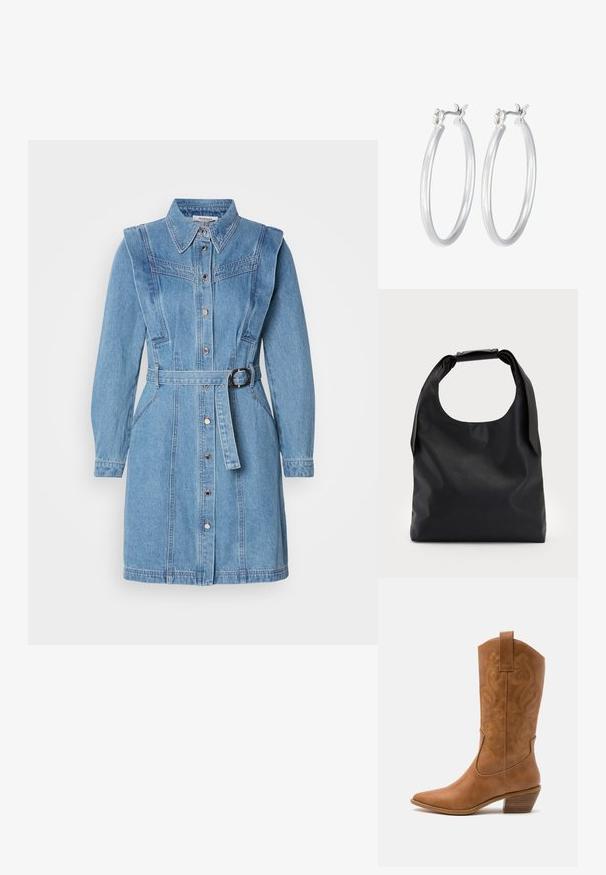 Jeans-paitalı mekik elbise açık mavi renginde, uzun kollar, düğme kapama, kemerli bel ve detaylı omuz dikişleri ile dikkat çekiyor.; Ruskean nahkainen cowboy-saapas, jossa on terävä kärki, brodeeratut pyörteiset kuviot varressa ja kerroslohko korko. Varustettu nostonipulla helpottamaan pukemista.; Musta nahkainen hobo-laukku, jossa on yksi pehmeä, pyöreä kahva; ominaisuuksina sileä pinta ja minimalistinen muotoilu. Ei näkyvää metalliosaa tai koristeita.; Hope-silver rengas, joissa on sileä ja kiillotettu pinta. Pyöreä muoto ja turvallinen napsautettava lukitus. Kevyt muotoilu sopii päivittäiseen käyttöön.