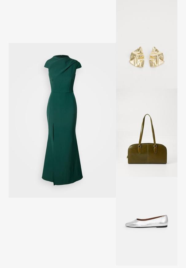Grünes Abendkleid aus glattem Stoff, mit Bootsausschnitt, kurzen Ärmeln und einem seitlichen Schlitz am Saum für zusätzliche Details.; Silberne metallische Ballerinas mit runder Zehenpartie, glatter Oberfläche und einer niedrigen, schwarzen Gummisohle. Schlichtes Design ohne Verzierungen.; Olivengrünes Lederhandtasche mit einer runden Form, doppelten Griffen und nahtlosem Vorderteil. Verfügt über eine glatte Textur und subtile Nähdetails.; Goldfarbene metallische Ohrringe mit einem wellenförmigen Design; glatte, reflektierende Oberfläche; asymmetrische Form; keine sichtbaren Muster oder Hardware.