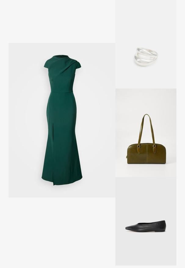 Zelena večernja haljina od glatkog materijala, koja ima izrez u obliku čamca, kratke rukave i bočni prorez na rubu za dodatan detalj.; Crne kožne balerinke, uski vrh, minimalistički dizajn, glatka tekstura, niska peta, bez vidljivih dodataka ili ukrasa.; Maslinasto zeleni kožni ručni šal s zaobljenim oblikom, dvostrukim ručkama i besprijekornim prednjim dijelom. Ima glatku teksturu i suptilne detalje u šivanju.; Srebrna dvostruka prsten s glatkom, poliranom površinom. Karakterizira ga fluidan, zakrivljen dizajn s preklapajućim sekcijama za moderan izgled.