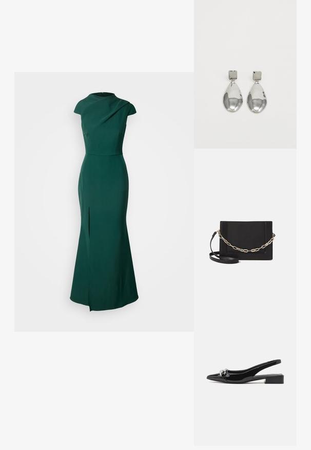 Žalia vakarėlių suknelė, pagaminta iš lygios medžiagos, su plačiu iškirpimu, trumpomis rankovėmis ir šonu praskirta blemba, suteikiančia papildomų detalių.; Juodos patentinės odos šliurinės bateliai su smailia nosia, sidabrinėmis detalėmis ir mažu blokuotu kulnu. Sklandus, blizgus paviršius visame batelio paviršiuje.; Juodas odinis per petį nešiojamas krepšys turi lygų paviršių, stačiakampio formą ir metalinę grandinėlę priekyje. Pridedama reguliuojama dirželis.; Sidabriniai lašo formos auskarai su kvadrato formos auskaru, turintys lygų, poliruotą paviršių ir ašarėlės formą, atsispindintys šviesoje su blizgiu paviršiumi.