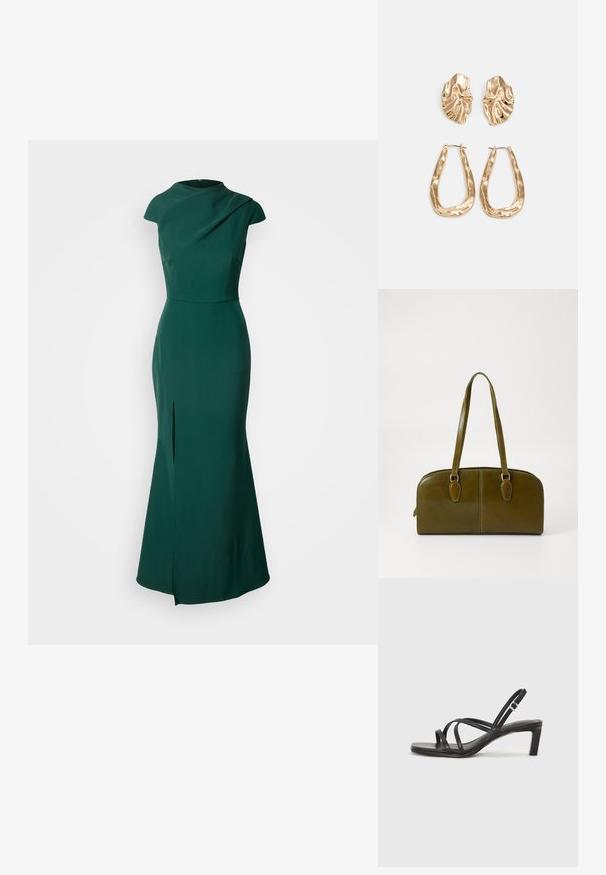 Grønn kveldskjole laget av glatt stoff, med båtformet hals, korte ermer og en sideslitt ved kanten for ekstra detaljer.; Sorte sandaler med stropper, firkantet tå og lav blokk hæl. Har flere tynne stropper og en justerbar ankelstropp. Laget av glatt lær.; Olivengrønn lærveske med rund form, doble håndtak og sømløft front. Har en jevn tekstur og subtile sømdetaljer.; Gullfargede øredobber med teksturerte, bølgete former. Inkluderer skulpturelle klipsstuds og åpen hoop-design med en hamret finish.