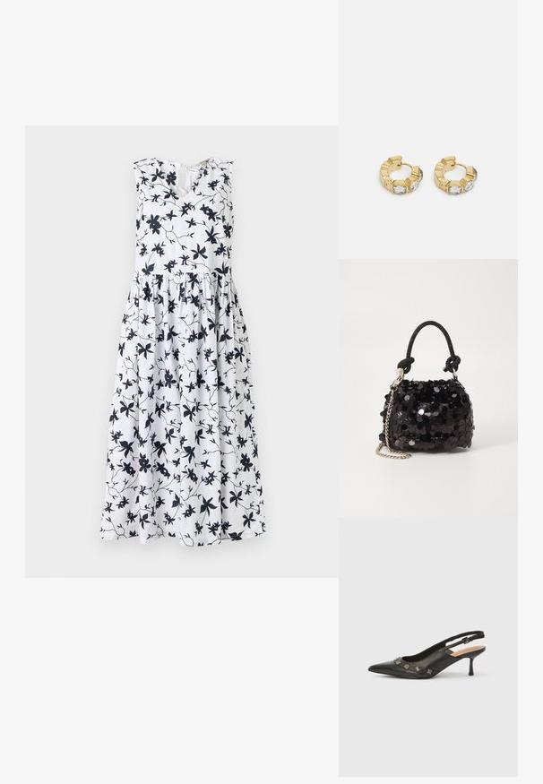 Vestido floral com um tecido branco com padrões de flores pretas, design sem mangas, decote em V e cintura franzida para uma silhueta fluida.; Sapato de salto tipo slingback em couro preto com bico pontiagudo, salto pequeno e detalhes metálicos decorativos ao longo da abertura frontal. Textura suave.; Mala mini preta de lantejoulas com uma alça texturizada em nó e corrente prateada. Forma arredondada com parte superior pregueada e detalhes reflexivos.; Brincos de argola dourados com um design texturizado e três cristais transparentes em um lado, oferecendo uma estética geométrica moderna.