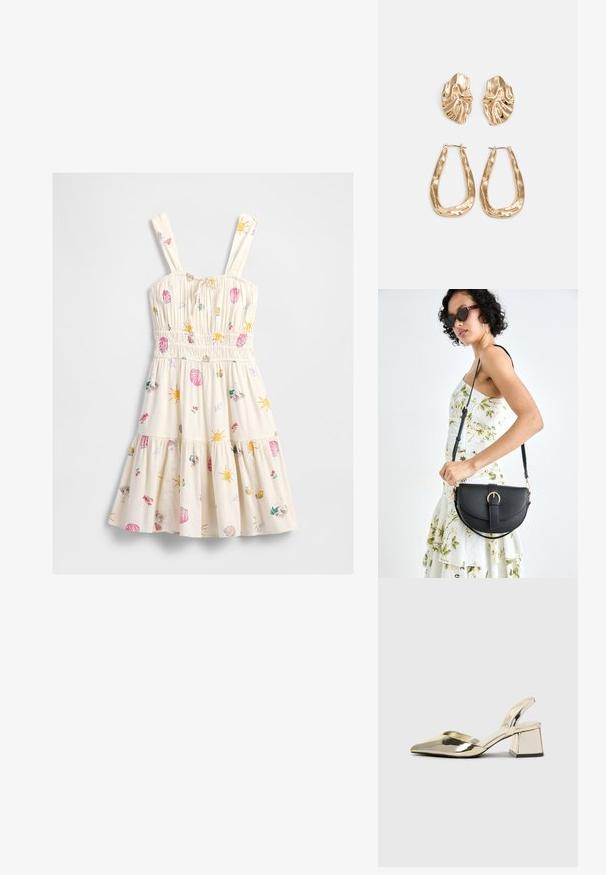 Tejbéle nyári ruha, smockolt derékkal és pántokkal, színes nap, kagyló, rák, citrom és tengerparti témájú mintákkal díszítve.; Arany, fémből készült slingback sarkú cipők hegyes orral és vastag sarokkal. Simaság, minimalista design és keskeny pánt jellemzi.; Fekete bőrtáska ívelt formával, levehető pánttal és arany színű fémrészekkel. A táskán egy csattal díszített fedél található.; Aranyszínű fülbevalók, texturált, hullámos formákkal. Tartalmazza a szobrászati klipszes studokat és az open hoop kialakítást, kalapácsos felülettel.