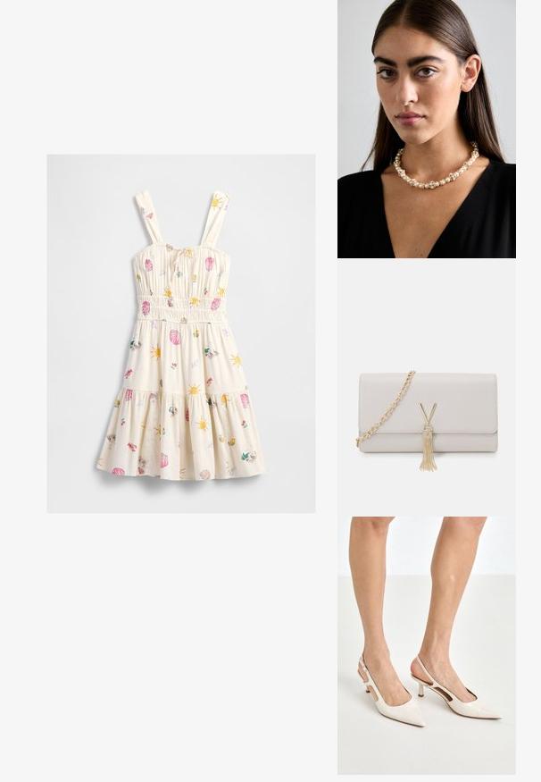 Abito estivo crema con vita arricciata e spalline, decorato con stampe colorate di sole, conchiglie, granchi, limoni e a tema spiaggia.; Tacchi slingback in pelle lucida beige con punta affusolata e tacco di 5 cm, caratterizzati da lati traforati e una sottile fascia alla caviglia.; Borsa a tracolla in finta pelle grigia chiara con catena dorata, con chiusura a forma di V e dettaglio con frange. Texture liscia, forma rettangolare.; Collana di perle e cristalli con un design rotondo a perline in tonalità tenui, caratterizzata da perle alternate e accenti scintillanti, indossata attorno al collo.