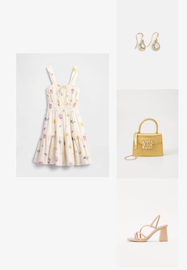 Kremkrāsas saulītes kleita ar smockītu vidukli un siksnām, rotāta ar krāsainiem saules, čaulu, vēžu, citrona un pludmales tematiku attēliem.; Pliks augstpapēžu sandales ar kvadrātu bloku papēdi, plānām siksnām un gludu, spīdīgu virsma. Vienkārša dizaina ar siksnu uz augšdaļas.; Dzeltena mākslīgā krokodila roku soma ar strukturētu dizainu, augšējo rokturi, noņemamu ķēdes siksniņu un dekoratīvām kristāla rotājumiem aizdares daļā.; Zelta tonī veidotas auskaru piekariņi ar ovālu izgriezumu caurspīdīgām kristālēm, kuras ieskauj mazākas caurspīdīgas akmeņu daļiņas, ar āķveida dizainu drošai valkāšanai.