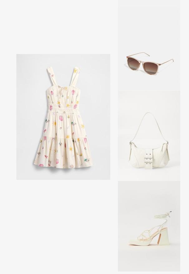 Krema haljina na bretele sa smockanim strukom, ukrašena šarenim printovima sunaca, školjki, rakova, limuna i tematikom plaže.; Bijela sandala na visokoj potpetici s debelim petom, s remenom i vezanjem oko gležnja. Glatka tekstura s platformom sprijeda za dodatnu visinu.; Smeđe gradient sunčane naočale s prozirnim ružičastim okvirom, kvadratnog oblika i tankim metalnim ručkama. Imaju zaobljene ivice i minimalne detalje.; Bijela torbica s teksturiranim završetkom, središnjim detaljem kopče i zakrivljenim oblikom. Rajsferšlusi sa svake strane.