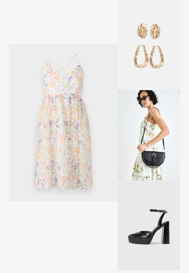 Vestido floral em tecido leve com cores pastel e um sobreposição translúcida, com alças finas ajustáveis e uma saia rodada.; Saltos altos pretos com bico fino e atilho ajustável no tornozelo. Confeccionados em couro suave, apresentam um salto bloco robusto.; Bolsa de couro preta com forma curva, alça destacável e detalhes em dourado. A bolsa possui uma aba com detalhe de fivela.; Brincos em tom de ouro com formas onduladas e texturizadas. Inclui studs escultóricos com presilha e um design de argola aberta com um acabamento martelado.