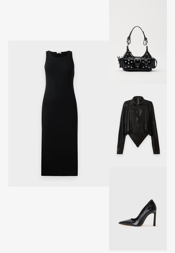 Juoda maksi suknelė be rankovių su apvaliu kaklu ir prigludusia siluetu, pateikta ant vienodo šviesaus fono.; Juodas bodžiukas su ilgomis rankovėmis, V formos iškirpte ir prigludusia siluetu. Pagamintas iš blizgaus, lygaus audinio su struktūrizuotu apykakle ir rankogaliais.; Juoda smailiakulnė aukšto kulno bateliai su krokodilo odos tekstūra, pasižymintys elegantišku dizainu, aukštu stiletu kulnu ir lygia juoda vidine dalimi.; Juodas odinis rankinukas su kreiviu dizainu, su sidabro spalvos knopkėmis, užsegimu ir dviem šoninėmis kišenėmis. Reguliuojama dirželis nešimui.