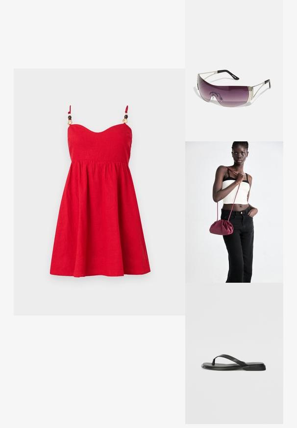 Rød linjakke med en tettsittende overdel, udsvingende skjørt, og justerbare stropper prydet med akcentuer av treperler. Glatt tekstur.; Sorte flip-flop laget av glatt lær, med en tynn stroppdesign og en flat såle med et minimalistisk utseende. Ingen bemerkelsesverdige mønstre eller aksenter.; Solbriller med en stor, buet lilla linse, sølvmetallakenter og sorte stenger med en logo. Teksturdetaljer på rammen er synlige.; Burgunderfarget myk stoffhåndveske med en samlet design og en lang stropp, båret som en crossover. Modellen har på seg en hvit crop-top og svarte jeans.