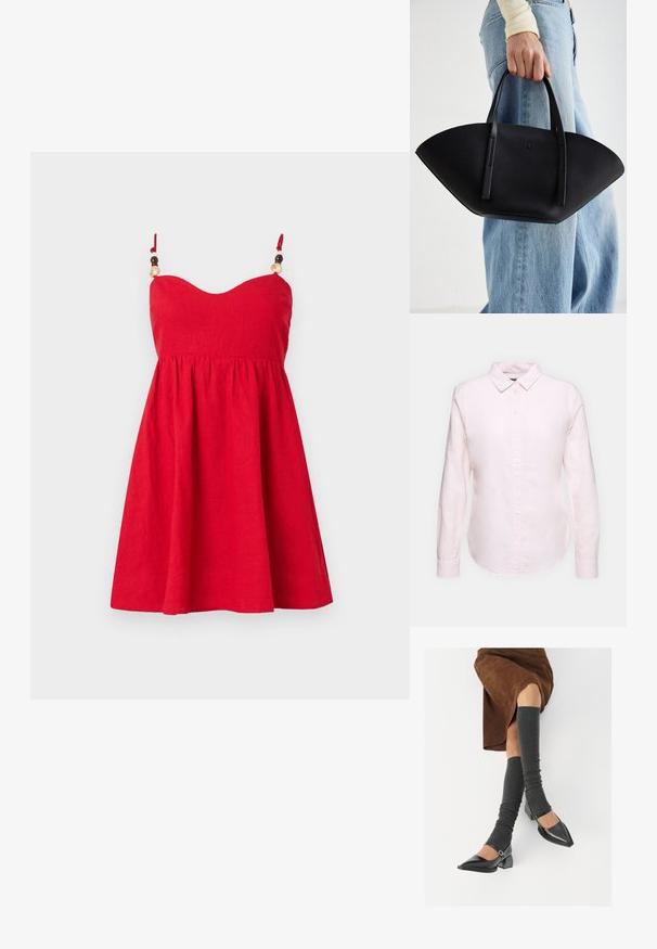 Vestido de linho vermelho com corpete justo, saia ampla e alças ajustáveis decoradas com detalhes em contas de madeira. Textura suave.; Camisa de manga longa rosa claro com colarinho abotoado, apresentando uma bainha reta e textura suave, feita de um tecido de algodão leve.; Sapatos pretos de pele lacada com biqueira pontuda, salto bloco e tiras no tornozelo, combinados com caneleiras cinzas em malha e uma saia de camurça castanha.; Bolsa de mão em couro preto com uma forma única em leque, apresentando alças planas. A superfície tem uma textura pebble e um design minimalista.