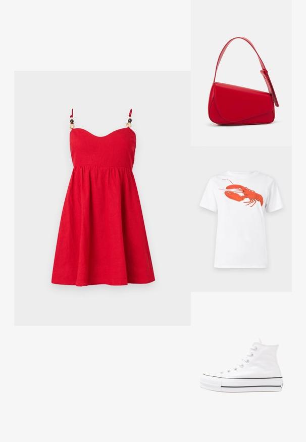 Raudona lino suknelė su prigludusia liemene, platėjančia sijonu ir reguliuojamomis juostelėmis, dekoruotomis mediniais karoliukais. Lygus paviršius.; Balta medvilnė marškinėliai su dideliu, ryškiu raudonu omaru grafiku priekyje. Trumpomis rankovėmis ir standartiniu apvaliu kaklu.; Balti aukštakulniai drobės sportbačiai su juodu guminio pado, priekinio guminio piršto dangteliu ir šešiais akytėmis raištams, pasižymintys švariu, minimalistiniu dizainu.; Raudona odinė rankinė su kampuota, geometrine forma. Pasižymi viena reguliuojama dirželiu ir dangteliu su siuvinėtais dekoracijomis.