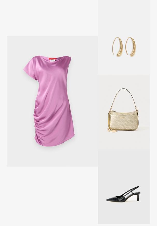 Rosa satengdress med en avslappet passform, korte ermer og samlet side tekstur for ekstra detaljer.; Sorte patent slingback hæl med spids tå, featuring tekstureret slangeskind, justerbar rem og en kort, tekstureret blokhæl.; Gullteksturerte håndvesker med en glatt lærstropp, med glidelås og subtilt logo-mønster trykket på overflaten.; Gullfargede metalløredobber med en buet, forlenget form. Har en jevn, blank overflate og en avrundet tupp for ekstra detaljer.