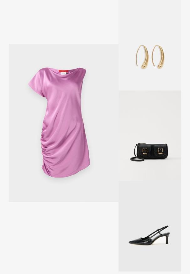 Roze satijnen jurk met een comfortabele pasvorm, korte mouwen en geplooide zijkanten voor extra detail.; Zwart patent slingback hak met een spitse neus, voorzien van een gestructureerde slangenprint, verstelbare band en een korte, gestructureerde blokhak.; Zwarte leren schoudertas met twee vo pockets, gouden gespen, ritsluiting en een smalle band. Tekstuur oppervlak en compacte rechthoekige vorm.; Gouden metalen oorbellen in de vorm van een gebogen, verlengde hoop. Kenmerkend zijn het gladde, glanzende oppervlak en de afgeronde punt voor extra detail.