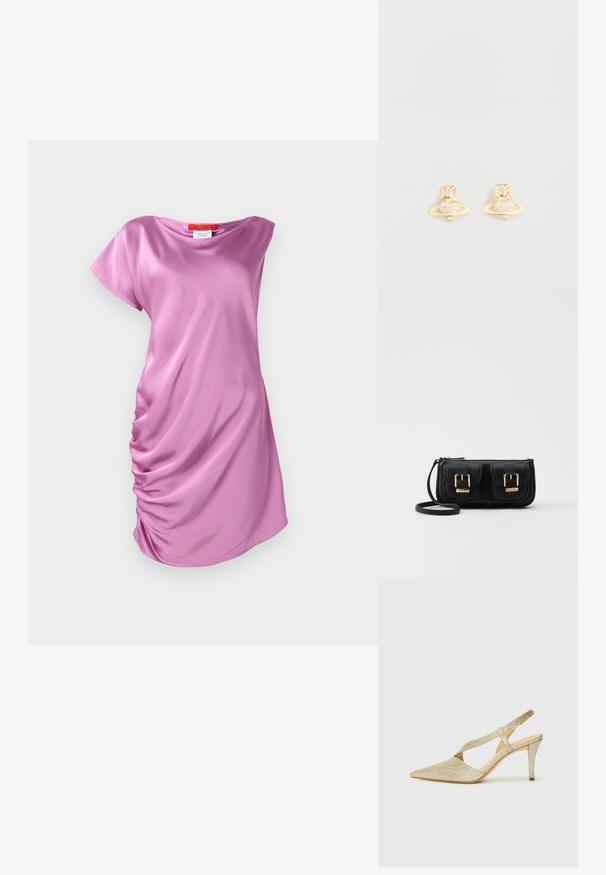 Rochie din satin roz, cu o croială lejeră, mâneci scurte și textură plisată pe lateral pentru un plus de detaliu.; Pantofi slingback aurii strălucitori cu vârf ascuțit, curea subțire la gleznă și toc subțire. Suprafața are un finisaj metalic texturat.; Geantă neagră din piele, tip crossbody, cu două buzunare frontale, catarame aurii, închidere cu fermoar și o curea subțire. Suprafață texturată și formă rectangulară compactă.; Cercei cu tije de ton auriu, având un design inspirat de Saturn, cu o bandă texturată și cristale circulare încorporate pentru un plus de strălucire.