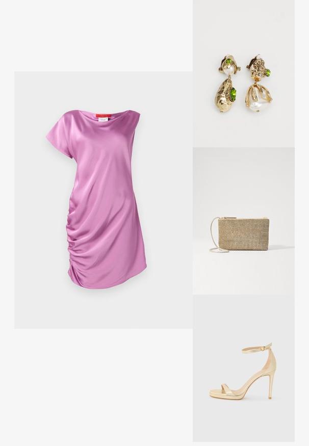 Robe en satin rose avec une coupe décontractée, des manches courtes et une texture froncée sur le côté pour plus de détails.; Sandale à talons hauts en métal doré avec un bout ouvert, une bride à la cheville avec une boucle, et une semelle plate-forme pour plus de hauteur. Texture lisse.; Loeffler Randall YASMINE FLAT CLUTCH - Sac bandoulière - gold; Des boucles d'oreilles en or, présentant des formes texturées irrégulières, ornées de pierres précieuses vertes et de perles blanches, fixées avec des fermoirs clip-on.