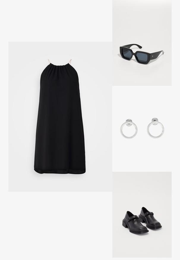 Čierne bezrukávové šaty s nariaseným výstrihom a tenkými ramienkami. Mäkko, ľahký materiál s voľným strihom a lemovaným spodkom.; Čierne kožené topánky s okrúhlou špičkou, plochou podrážkou a remienkom s detailom pracky. Hrubý blokový opätok pre väčšiu stabilitu.; Čierne nadrozmerné slnečné okuliare s geometrickým vzorom, obdĺžnikové šošovky a lesklý povrch. Na prednej strane nie sú viditeľné žiadne značky.; Strieborné kovové náušnice vo forme kruhov s brúsenou textúrou, so zaobleným dizajnom a priehľadným zarážkou pre bezpečné nosenie.
