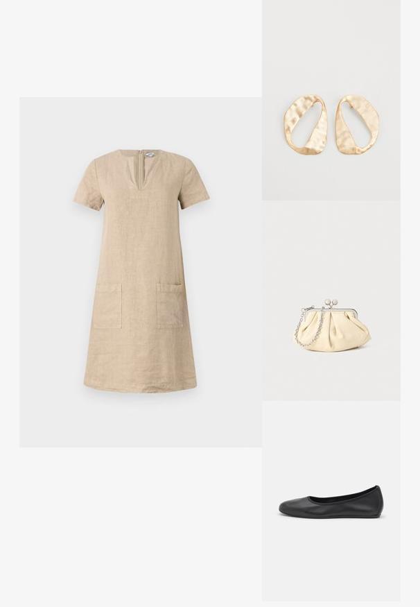 Abito in lino beige fino al ginocchio con maniche corte, scollatura a V e due tasche frontali. Design semplice e dritto. Chiusura con zip sul retro.; Pantofole da balletto nere in pelle con punta arrotondata, texture liscia, dettagli di cucitura minimi e design con suola flessibile.; Clutch in pelle beige plissettata con una struttura in metallo argento, dotata di due chiusure decorative rotonde e una tracolla in catena argentata.; Un paio di orecchini in metallo di tonalità dorata, di forma ovale irregolare, con superficie texturizzata e leggermente martellata, su uno sfondo bianco.