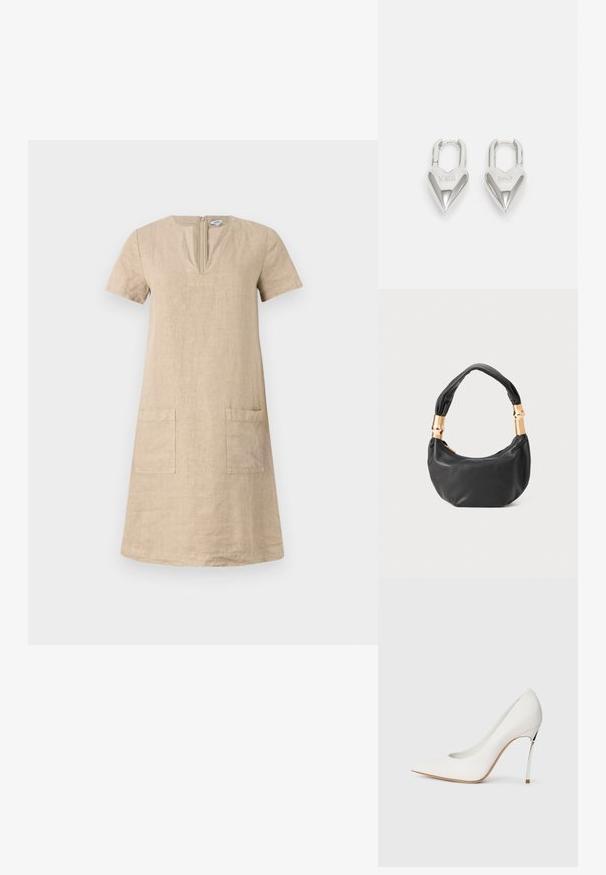 Rochie din in bej, până la genunchi, cu mânici scurte, decolteu în V și două buzunare frontale. Design simplu, cu croială dreaptă. Închidere cu fermoar la spate.; Pumps albe cu toc înalt, cu vârful ascuțit, acoperite cu o textură fină de sclipici. Accentul metalic argintiu al tocului adaugă contrast. Design elegant.; Geantă de mână din piele neagră, cu o formă rotundă, textură moale și un mâner legat, având accente din metal auriu. Închidere cu fermoar.; Lacate în formă de inimă, argintii, cu inscripții gravate "DA" și "NU", finisaj lustruit, design simetric și un închizător robust din metal.