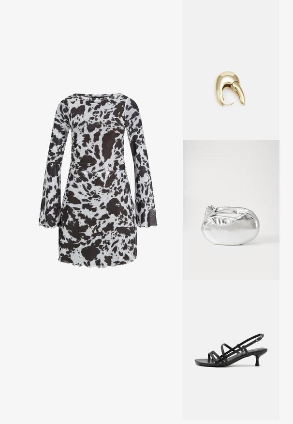 Black and white spotted dress with long bell sleeves, soft fabric, round neckline, and fitted waist. Hemline is slightly scalloped.; Black heeled sandals with multiple crisscross straps. Smooth material, pointed toe, and narrow heel. Adjustable ankle strap with buckle.; Silver metallic pouch bag with a soft, rounded shape and a knotted top closure. Made from smooth faux leather material.; Gold-tone metal earring with a sleek, curved design. Features a distinctive pointed shape, polished surface, and hinge closure.