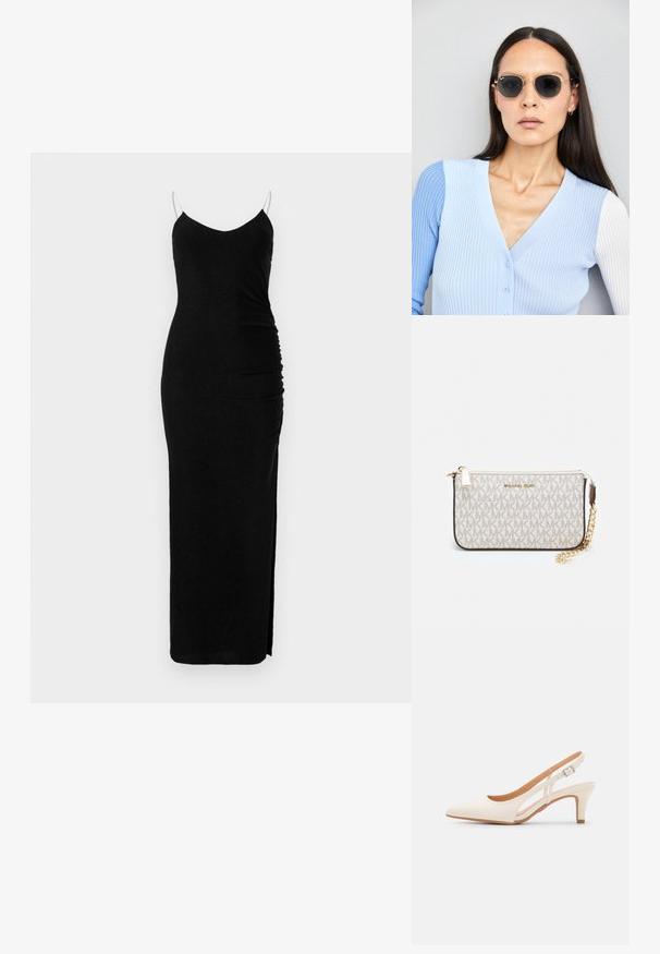 Mustmustäheline maksikleit V-kaelusega, kokku tõmmatud külgedega detail ja reie kõrgune lõhik; valmistatud pehmest, venivast kangast.; Valge slingback konts, terava ninaga, siledast ülemisest materjalist, madala ploki kontsaga ja külgse nähtavusega ning reguleeritava pandla rihmaga.; Ringikujulised prillid tumedate läätsede ja kullast raamiga. Mudel on selga pannud helesinise soonikuga kardigani, millel on nupud ja kontrastsed valged varrukad.; Michael Korsi randmevõru beige kaetud kangast, millel on korduv MK logo muster, kuldne riistvara ja eemaldatav ahelistrap.