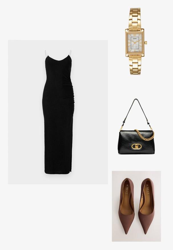 Črna brezrokavna maksi obleka z V-izrezom, nabranimi stranskimi detajli in razporkom do stegna; izdelana iz mehke, raztegljive tkanine.; Rjavi satenski šalčki z visokim peto in špičastim koncem, gladke teksture, z nizkim izrezom in minimalističnim dizajnom. Notranja podloga je bež.; Črna usnjena torbica za ramo z gubano teksturo, zlatim verižnim dodatkom in izrazitim zlatim sponko z ovalnim logotipom. Prilagodljiv trak za ramo.; Zlato obarvana pravokotna ročna ura z belo številčnico, srebrnimi kazalci in trdno kovinsko zapestnico. Vključena je vodoodporna funkcija.
