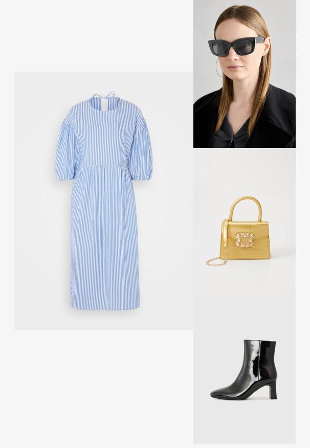 Vestido midi às riscas azul e branco com mangas bufantes, decote redondo e detalhe de laço nas costas. Feito de um tecido leve.; Botim de tornozelo em pele sintética preta com bico apontado e salto bloco de altura média. Textura suave e design minimalista.; Óculos de sol pretos em formato de gato com lentes escuras, armações grossas e acentos subtis. Usados com um casaco preto e uma blusa cinza, apresentando cabelo longo e liso.; Bolsa amarela em pele de crocodilo falsa, com um design estruturado, pega no topo, alça de corrente removível e decoração de cristal no fecho.