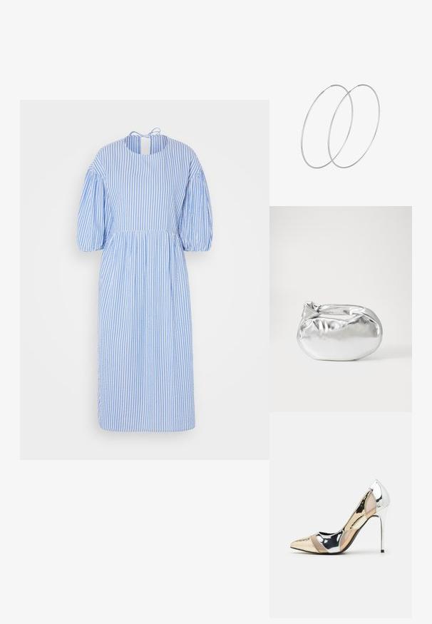 Modrá a biela pruhovaná midi šaty s balónovými rukávmi, okrúhlym výstrihom a detailom na viazanie na chrbte. Vyrobené z ľahkej látky.; Lodičky s špičatou špičkou v striebornom, zlatom a telovom farebnom prevedení. Lesklý povrch s výrezovým dizajnom, s ihlovým opätkom.; Strieborná metalická taška s mäkkým, zaobleným tvarom a uzáverom s uzlíkom. Vyrobená z hladkej syntetickej kože.; Strieborné kruhové náušnice s minimalistickým dizajnom. Cirkulárny tvar, hladký povrch a tenký profil. Ľahké s lesklým povrchom.