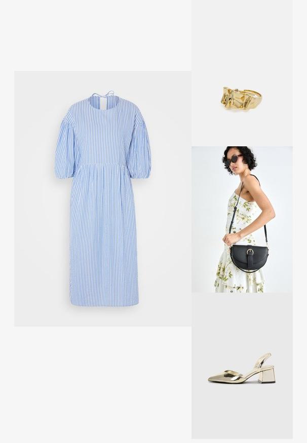Središnja haljina s plavim i bijelim prugama, s puf rukavima, okruglim izrezom i mašnom na leđima. Izrađena od laganog materijala.; Zlatni metalik slingback sandali s šiljatim vrhom i debelim potpeticama. Glatka tekstura, minimalistički dizajn i uski remen.; Crna kožna torba s lukovitim oblikom, odvojivim remenom i zlatnim detaljima. Torba ima preklop s kopčom.; Zlatni prsten s teksturiranim, valovitim dizajnom koji ima tri istaknuta vrha. Glatka, sjajna površina s otvorenom trakom za podešavanje veličine.