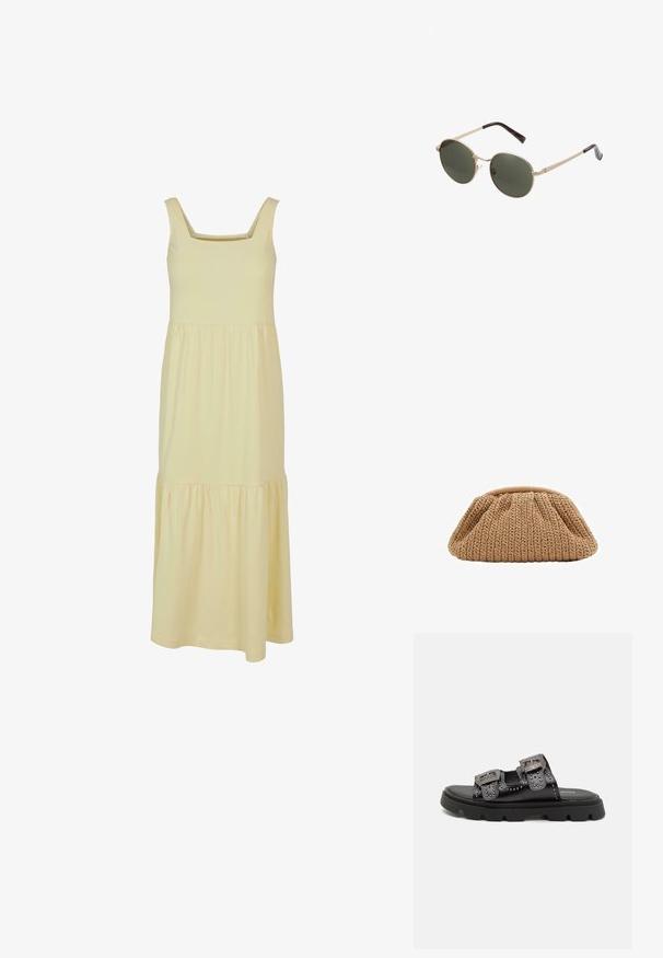 Robe maxi en coton jaune avec un décolleté carré, sans manches et avec un détail de jupe à volants. Texture lisse et tissu léger.; Sandales noires avec deux larges brides ornées de clous décoratifs et de boucles détaillées, montées sur une semelle en caoutchouc texturé solide.; Lunettes de soleil rondes avec des montures en métal doré et des verres vert foncé. Les branches présentent un design écaille de tortue pour un détail supplémentaire.; Sac à main beige en tricot avec un design froncé et une forme arrondie, doté d'une finition en tissu texturé et d'une ouverture supérieure douce.