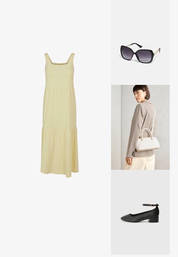 Žluté bavlněné maxi šaty se čtvercovým výstřihem, bez rukávů a s vrstvenou sukní. Hladká textura a lehký materiál.; Černé kožené lodičky s špičatou špičkou a nízkým blokovým podpatkem. Obsahují pásek kolem kotníku se zlatou sponou. Hladký povrch.; Černé oversized sluneční brýle se gradientními skly, silnými rámy a zlatými řetízkovými detaily na nožičkách.; Bílá strukturovaná kabelka s krátkými uchy a ramenním popruhem, zdobená zlatými kovovými prvky a texturovaným materiálem, vystavená na šedém pozadí.