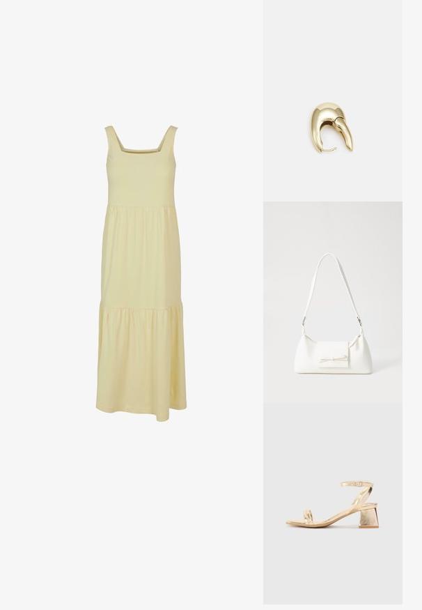 Dzeltena kokvilnas maksi kleita ar kvadrātveida dekoltē, bez piedurknēm un ar slāņotu svārku detaļu. Gluda tekstūra un viegla auduma sastāvs.; Zeltīta metāla augstpapēžu sandale ar stūrveida bloka papēdi, divām siksniņām virs kājas un regulējamu potītes siksniņu. Gluda tekstūra.; Balta sintētiska soma ar trīsstūrveida formu, plakanu priekšējo vāciņu un loku detaļu, regulējamu siksnu, gludu tekstūru un minimālistisku dizainu.; Zeltīti metāla auskari ar gludu, izliekta dizaina. Ar atšķirīgu smailu formu, pulētu virsmu un eņģu aizdari.