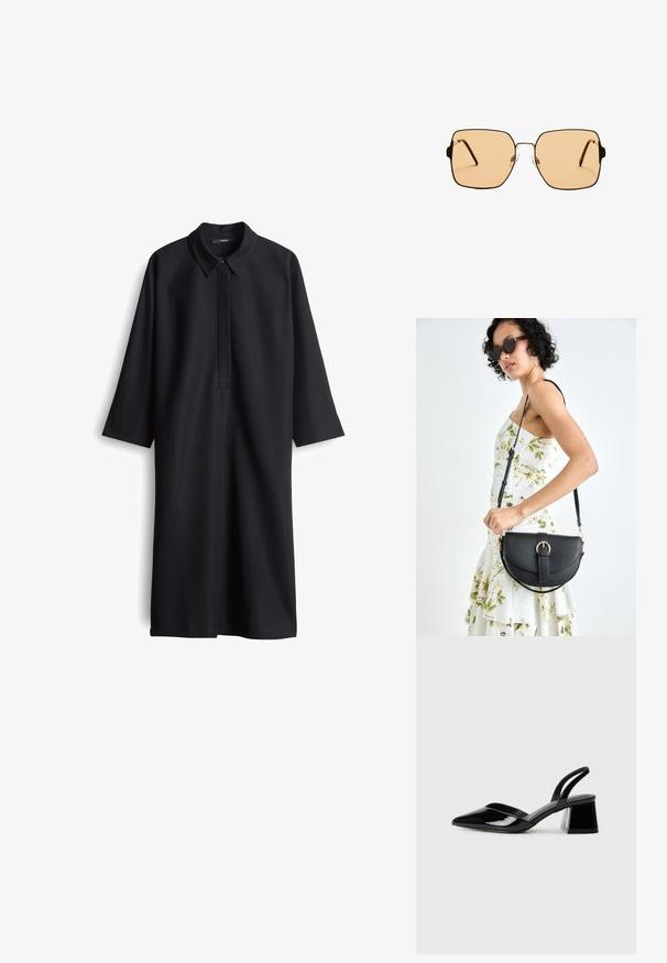 Abito lungo nero con maniche a lunghe e colletto, caratterizzato da una patta frontale e una silhouette dritta. Realizzato in tessuto liscio senza motivi visibili.; Décolleté in vernice nera con punta affusolata e tacco in geometria cubica. Presentano un design elegante e minimalista, con una texture liscia.; Occhiali da sole quadrati con lenti marroni e una sottile montatura in metallo nero. Presentano tempie angolari e naselli regolabili per il massimo comfort.; Borsa a tracolla nera in pelle con una forma curva, manico rimovibile e accessori dorati. La borsa presenta una patta con un dettaglio a fibbia.