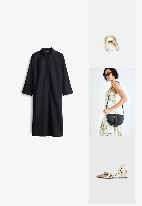 Abito lungo nero con maniche a lunghe e colletto, caratterizzato da una patta frontale e una silhouette dritta. Realizzato in tessuto liscio senza motivi visibili.; Tacchi slingback metallici color oro con punta appuntita e tacco grosso. Texture liscia, design minimalista e una cinghia stretta.; Borsa a tracolla nera in pelle con una forma curva, manico rimovibile e accessori dorati. La borsa presenta una patta con un dettaglio a fibbia.; Orecchino in metallo color oro con un design elegante e curvo. Presenta una forma appuntita distintiva, superficie lucida e chiusura a cerniera.