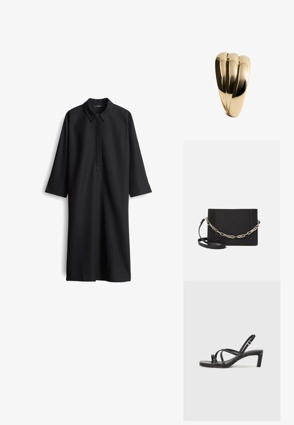 Zwarte jurk met lange mouwen en een kraag, met een voorflap en een rechte silhout. Gemaakt van een gladde stof zonder zichtbare patronen.; Zwarte sandaal met bandjes, vierkante teen en een lage blokhak. Voorzien van meerdere dunne bandjes en een verstelbare enkelband. Gemaakt van zacht leer.; Zwarte leren schoudertas met een gladde textuur, rechthoekige vorm en een metallic kettingdetail aan de voorkant. Verstelbare schouderband inbegrepen.; Mango Armband - gold-coloured