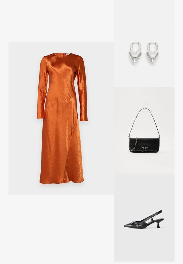 Ilga rankovė suknelė iš blizgaus oranžinio satino, su apykakle, asimetriniu sijonu ir užtrauktuku gale. Lygus paviršius.; Juodas odinis slingback tipo batai su smailiu priekiniu atvartu, dekoratyvinėmis sagtimis su metaliniais akyčiais ir žemu blokiniu kulnu. Saldus paviršius.; Juodas odinis delninukas su sidabro spalvos grandinele, papuoštas dekoratyviniais sparnų akcentais ir balta siūle apačioje.; Sidabrinės širdelės formos užraktai su išgraviruotais žodžiais "TAIP" ir "NE", poliruotas paviršius, simetriškas dizainas ir tvirtas metalinis užraktas.