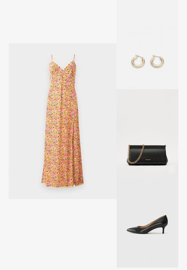 Blomstrete maxikjole med tynne stropper, som har et mønster i rosa, oransje og grønt. Lett stoff med en flytende design og V-hals.; Sorte lærpumpe med spiss tå, lav hæl og en glatt tekstur. Har en liten åpning foran og minimalt med beslag bak.; Svart skinnkuvertveske med en gullkjede-rem, med en glatt tekstur, rektangulær form og preget merkevare på forsiden.; Lauren Ralph Lauren BASIC SMALL HOOP - Øredobber - gold-coloured